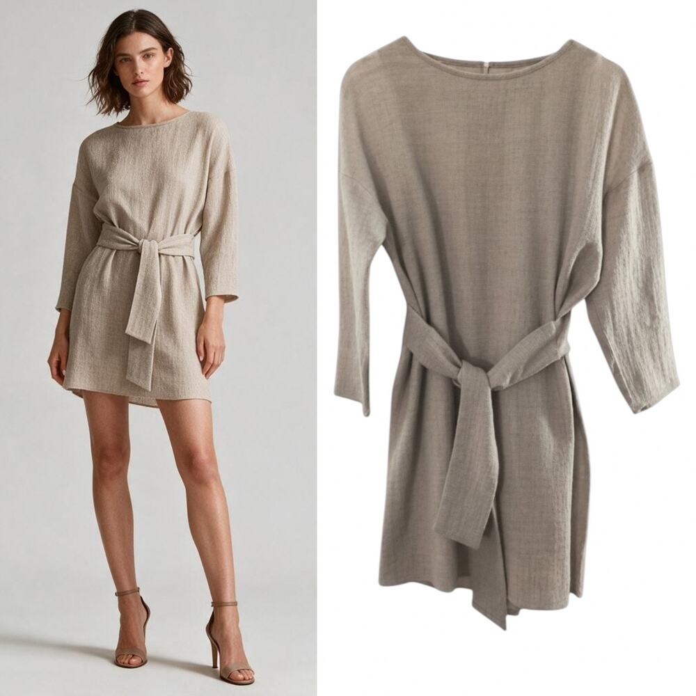 Tibi Wool Tie-Front Mini Dress Neutral Beige Size Small Long Sleeve Zip Back